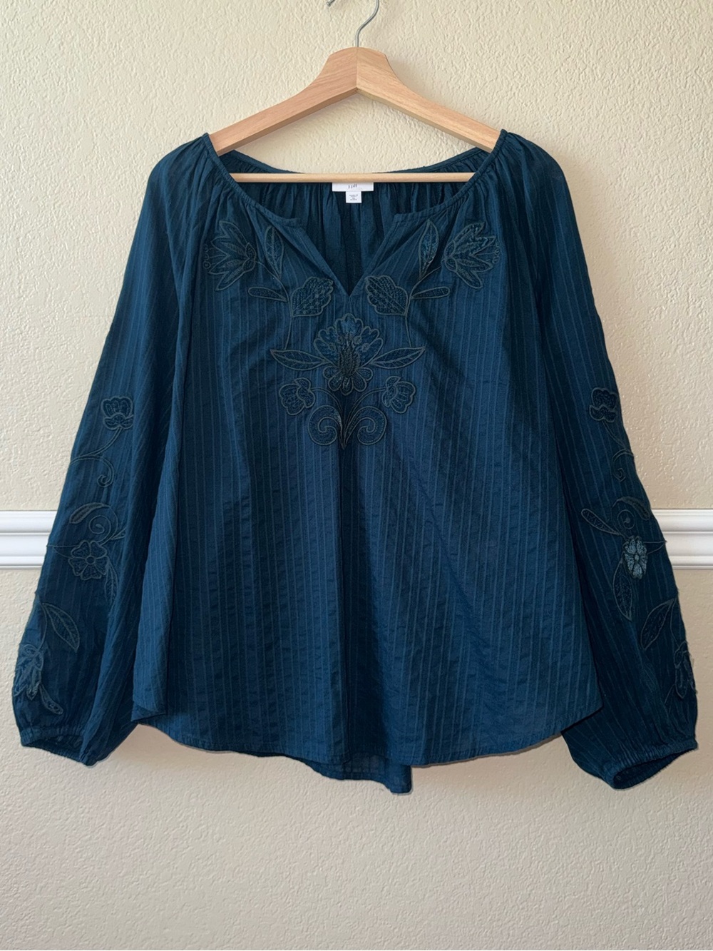 LIKE NEW J. Jill 100% Cotton Embroidered Peasant Blouse Top Teal Blue Petite XL